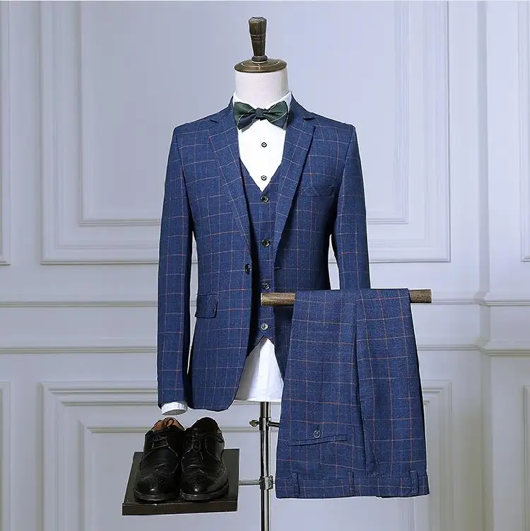 

Custom jacket+pants+vest High quality plaid wedding suits men blazer men wedding dress stripe men's Dress suits ropa de hombre