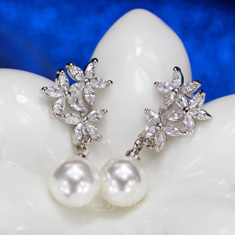 Pera moda famosa marca Cubic Zirconia joyería accesorios con Linda flor de agua dulce perla de imitación gota pendiente de mujer E220
