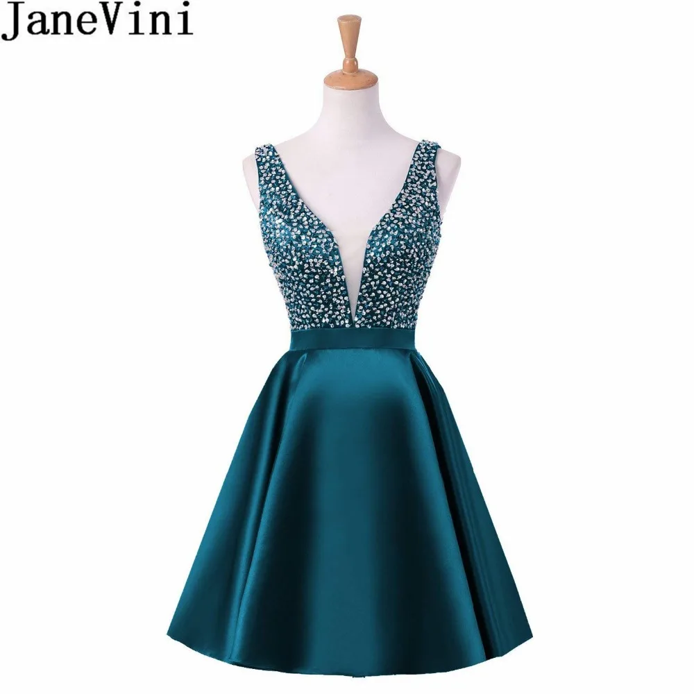 JaneVini 2019 Beaded Short Homecoming Dresses Royal Blue Satin Graduation Formal Dress V-Neck Party Gown vestido de graduacion