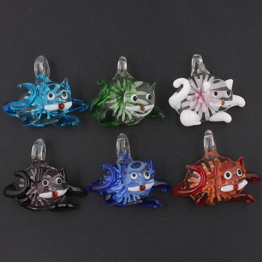 Wholesale 6Pcs Lovely 3D Cat Flower Christmas Murano Lampwork Glass Pendant Fit Necklace New