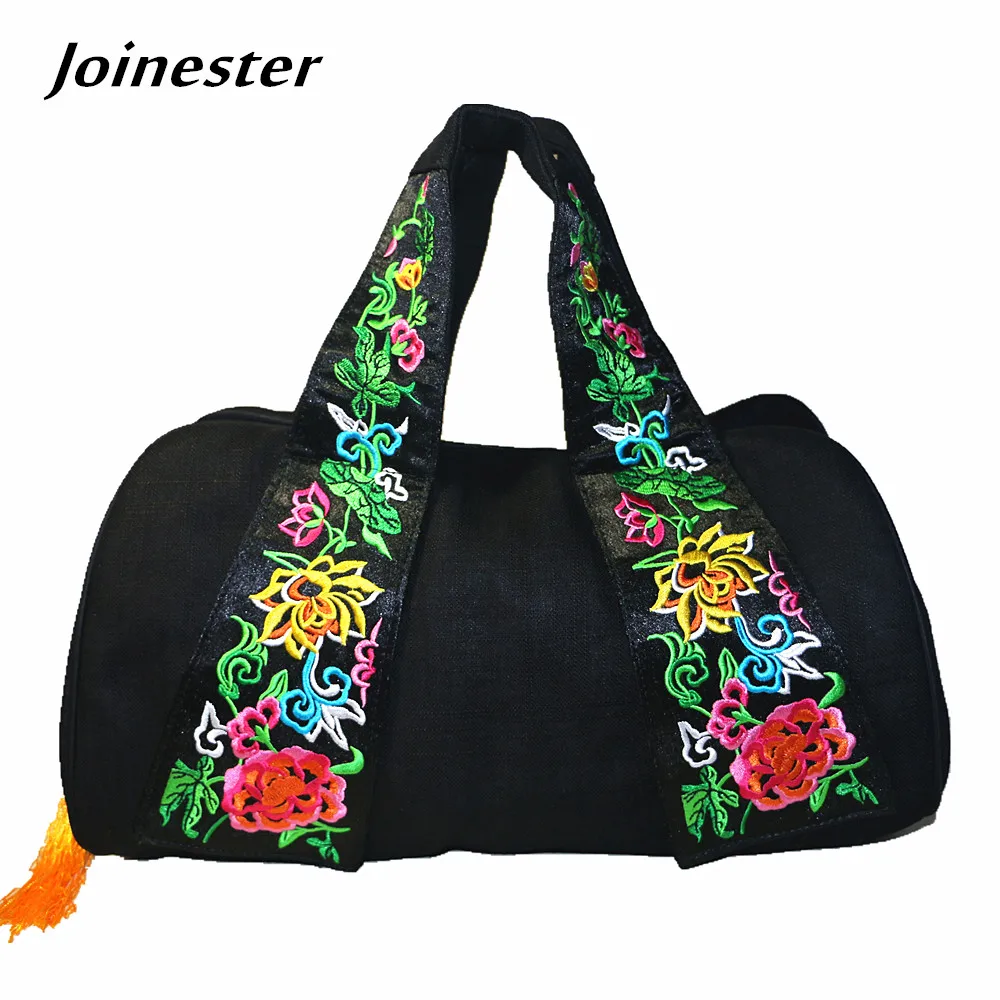 Women's Ethnic Handbag with Embroidery Handle Ladies Casual Bag Tassel Zipper Beach Tote Pillow-Shaped Vintage Shoulder Bag