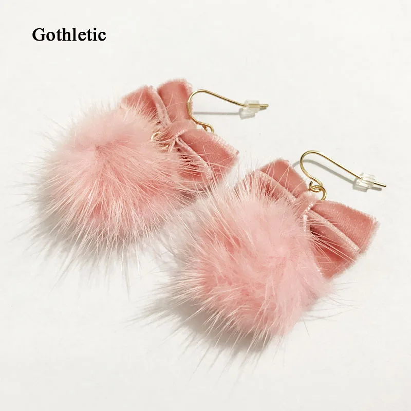 Gothletic Pink/Grey/Burgundy/White Real Mink Fur Ball Drop Earring Velvet Bow Pom Pom Earrings for Women Brinco Fashion Jewelry