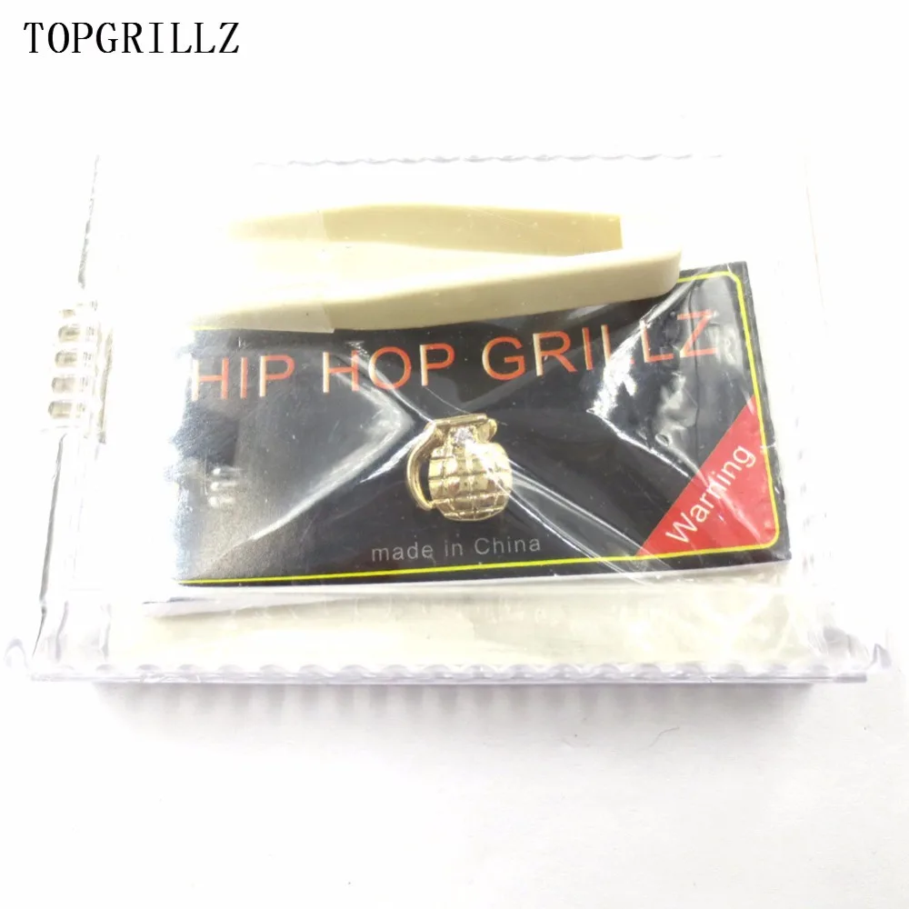 TOPGRILLZ New Fit Gold Color Plated Hip Hop Single Grenade Tooth Grillz Cap Top & Bottom Grill gold teeth caps.Gift