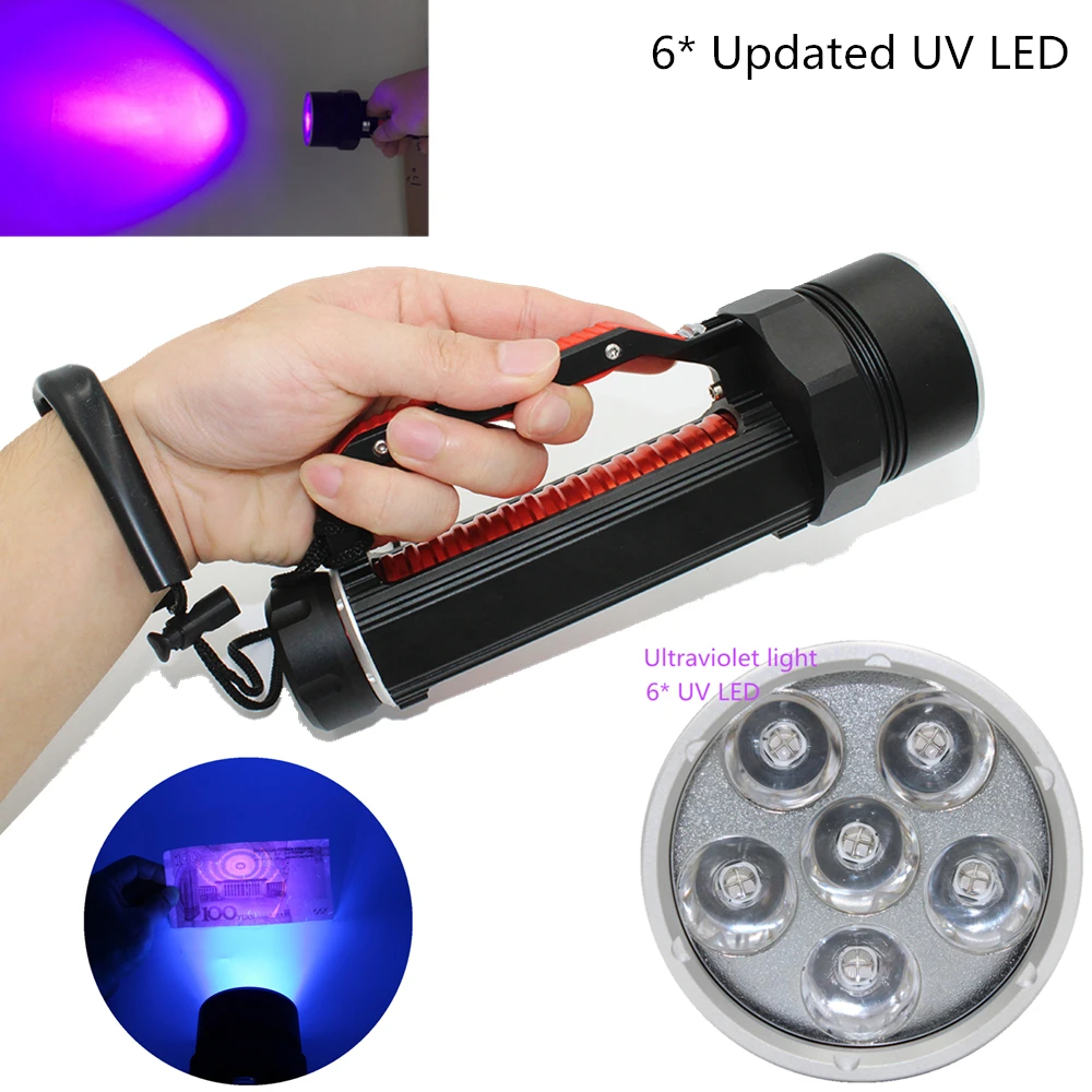 更新uv光ダイビング懐中電灯6 × 紫外線uv led防水水中スキューバダイビングトーチダイビングlaterna検索サソリ/アンバー