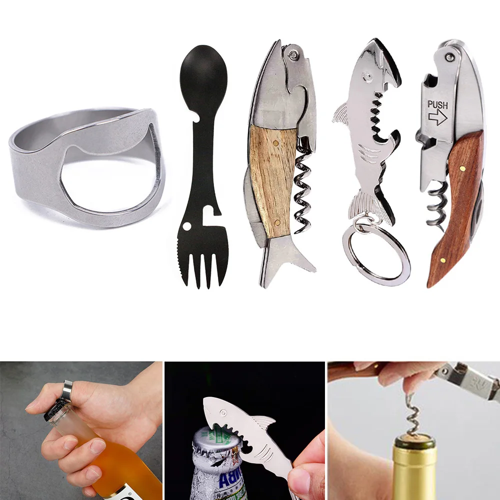 1 PC Portable Multifunction Camping Cookware Spoon Fork Bottle Can Opener Sawtooth Cutter Gadgets Wine beer Keychain Openers