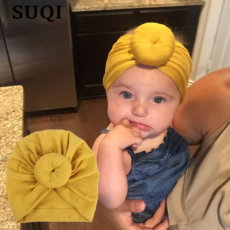 SUQI Sweet pure color Baby Girl Hat with Bow Candy Color Baby Turban Cap for Girls Elastic Infant Accessories doughnut hat 2019