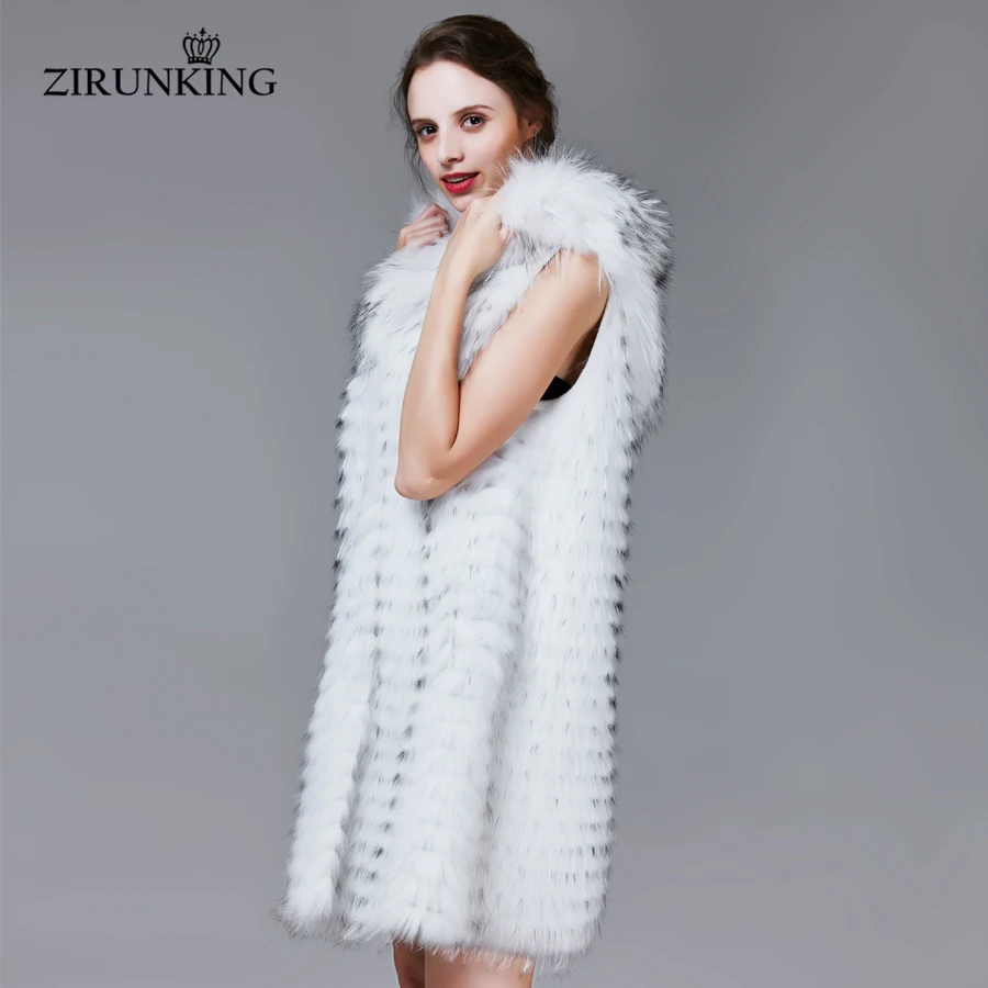 ZIRUNKING Trắng Gấu Trúc Lót Lông Có Mũ Trùm Đầu Thời Trang Ôm Dáng Lông Áo Vest Cho Mùa Thu Đông Dài Kintted Sọc Áo Khoác Ngoài ZC1720