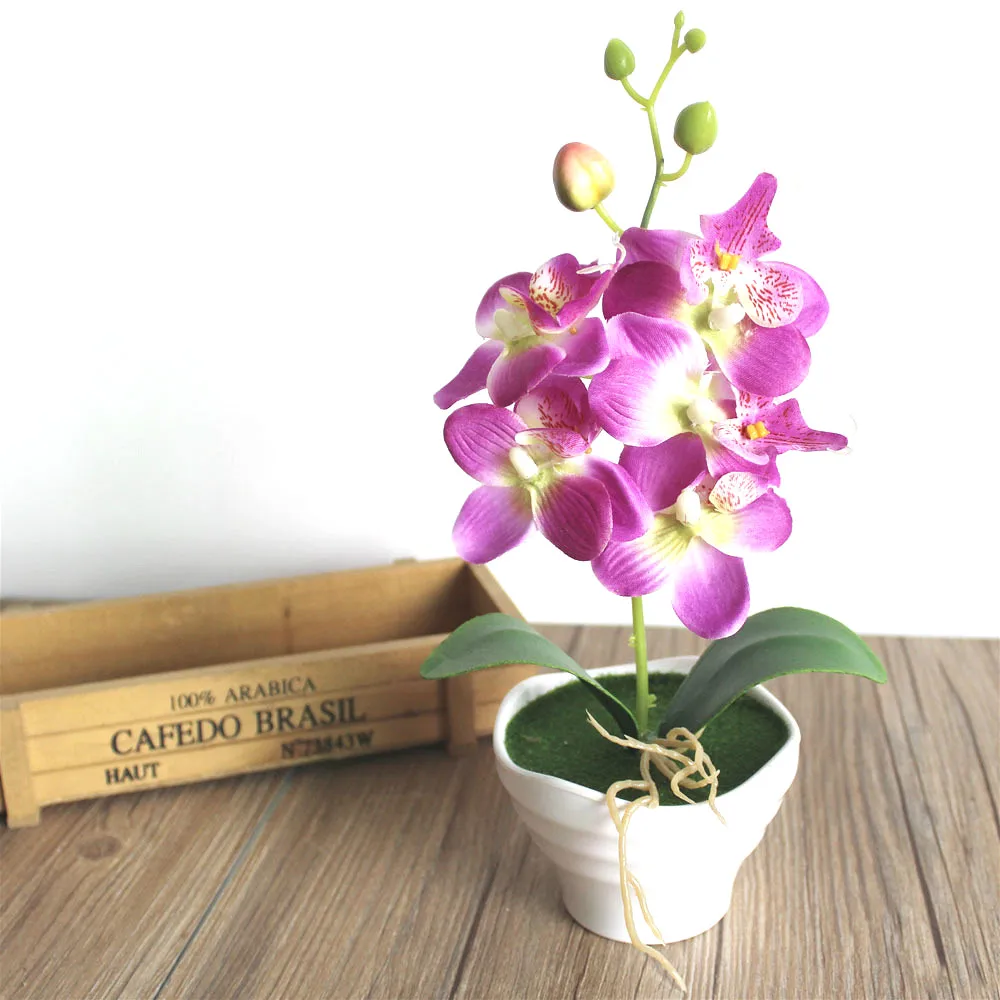 Height 27cm Artificial Orchid Plant Bonsai Phalaenopsis Real Touch Flower with Leaves Home Decor Birthday Party Decorations