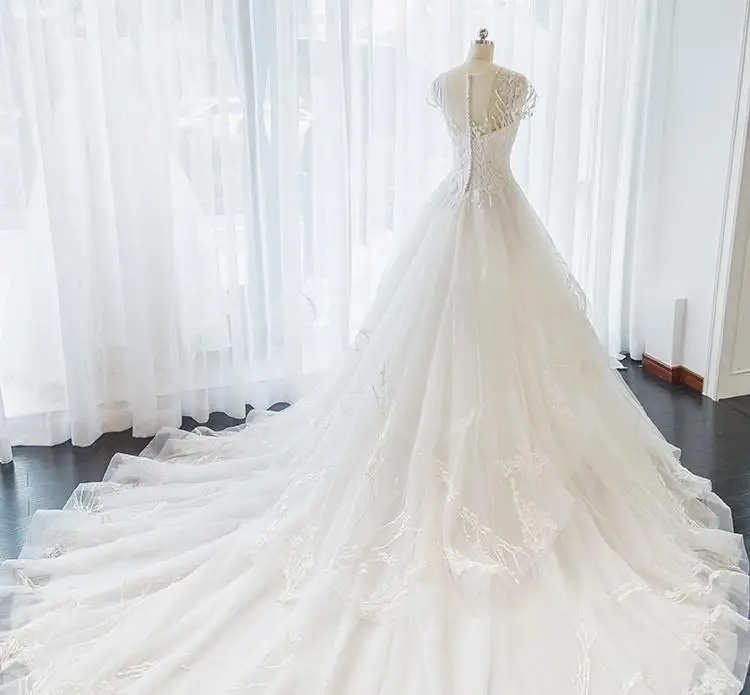 BANVASAC Sheer O Collo 2018 Del Merletto Dell'abito di Sfera Abiti Da Sposa Appliques Ricamo Foto Reali Cattedrale Treno Abiti Da Sposa