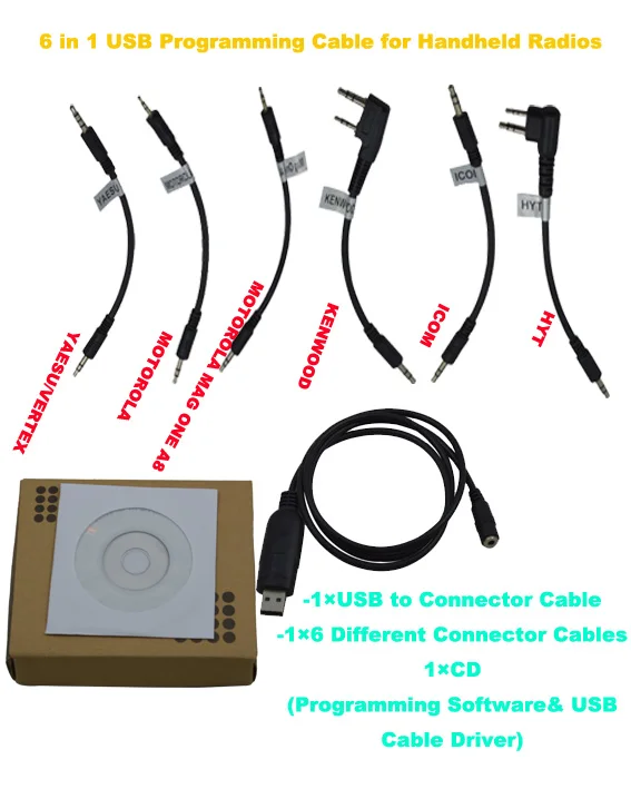 

6 in 1 USB Programming Cable for Handheld Two Way Radios Kenwood Motorola HYT ICOM YAESU VERTEX WOUXUN BAOFENG QUANSHENG TYT