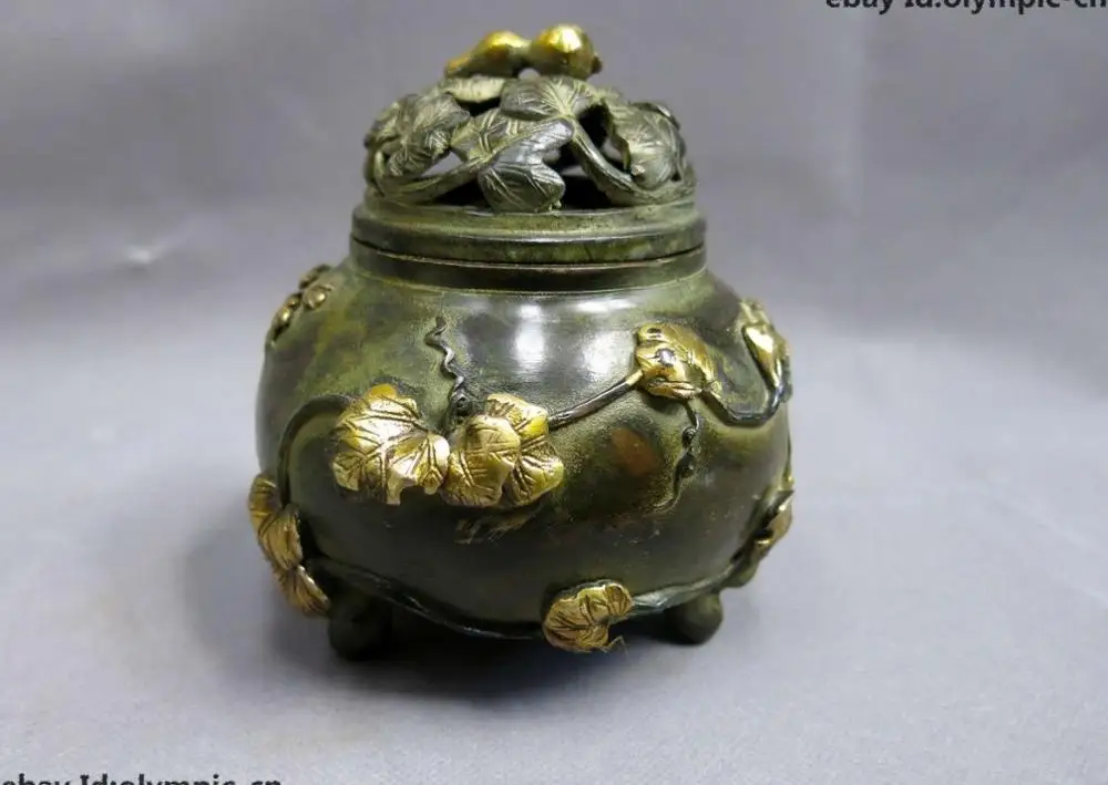 China bronze gild copper carved beautiful incense burner calabash censer Statue