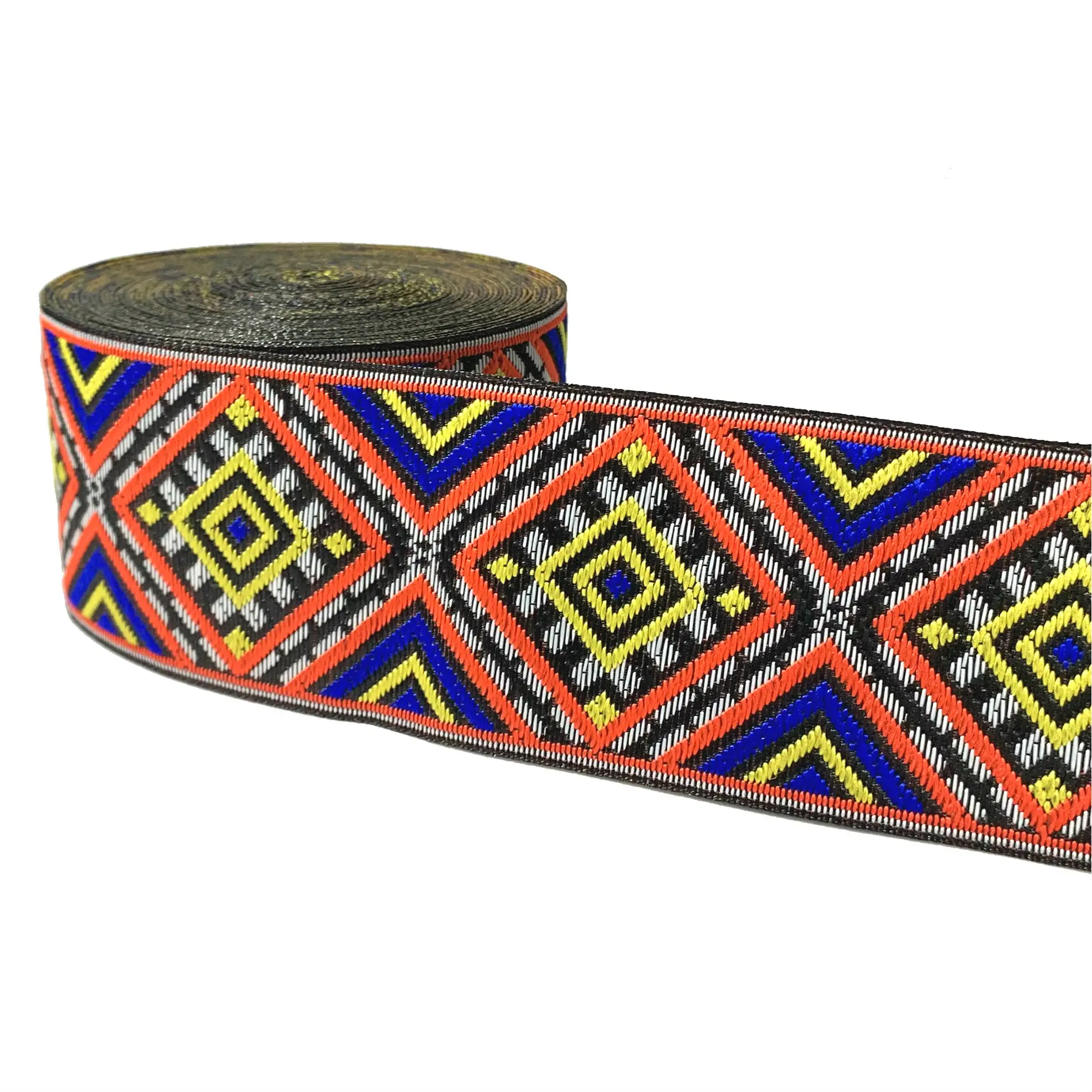 ZERZEEMOOY 50MM 7YARD White Blue Yellow Orange Geometric Jacquard Ribbon With Black Background MZZD19051510