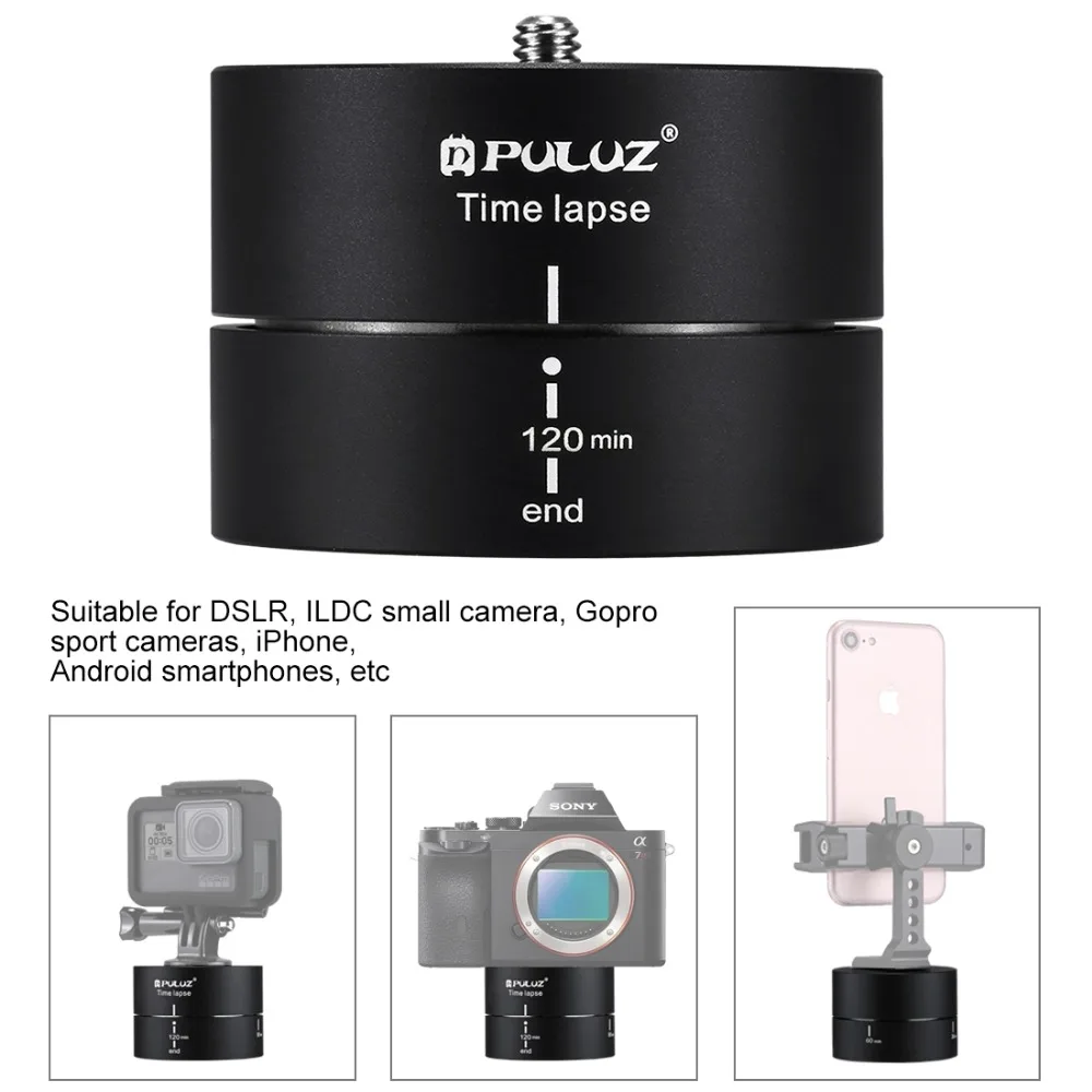PULUZ Camra lapso de tiempo 360 rotación panorámica de panorámica 120 minutos para estabilizador Gopro cabeza de trípode 1/4 adaptador de tornillo Timelapse