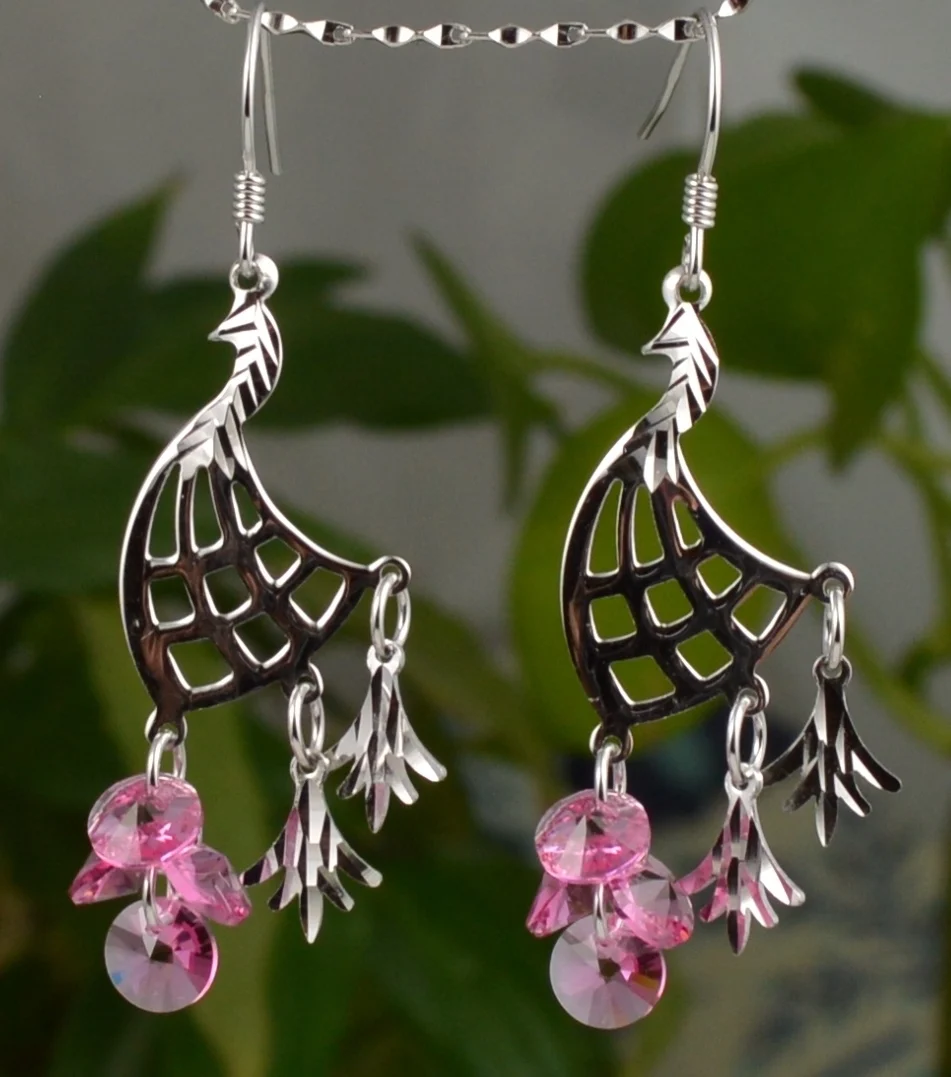 Guarantee Plain 925 Sterling Silver, Crystal  Peacock Earrings, 55 mm, 3.2g, EA31087-pink