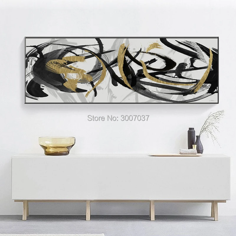 100% Hand Painted Modern Abstract Oil Painting Wall Art Canvas Painting Black Gold Line Pictures for Living Room Decor No Frame