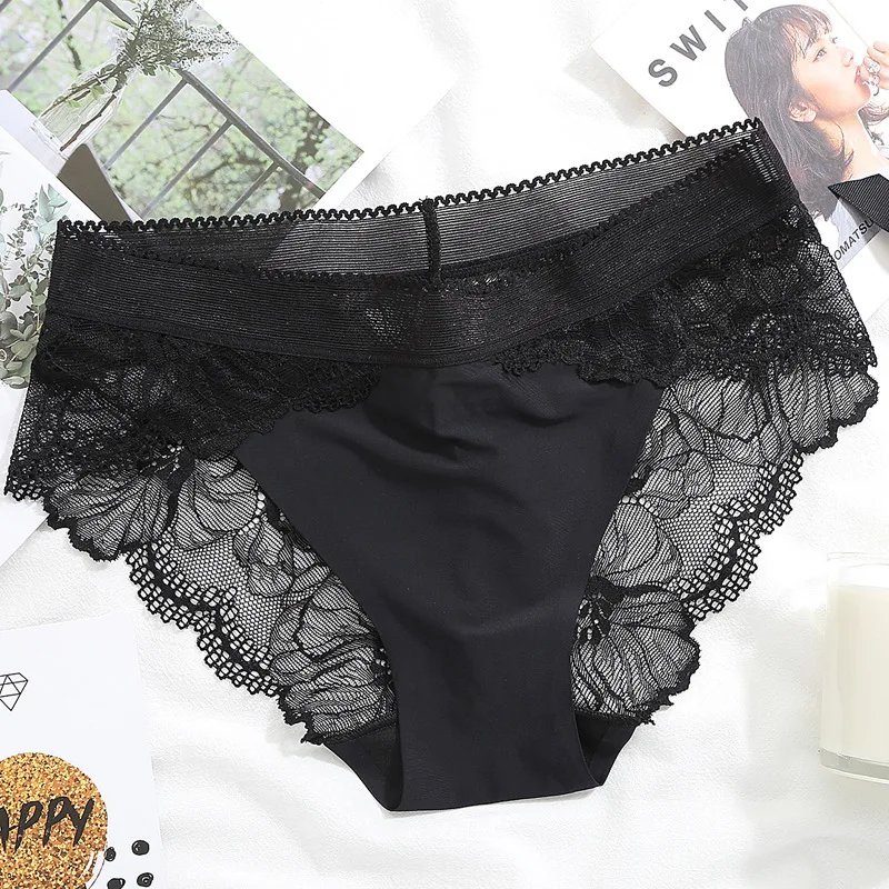 3PCS Seamless Sexy Hollow Lace Panties Women Ice Silk Transparent Temptation Flower Underwear Middle Waist Soft Smooth Breifs