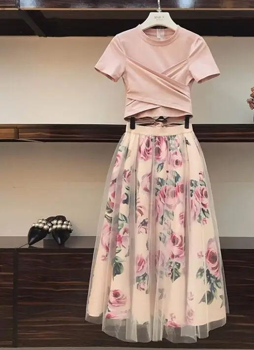 Women Flower Pring Mesh skirt and Cotton Irregular T-shirt Casual 2 Piece Set Bowknot Pink Crop Tops Floral Mid-clf Skirt Sets