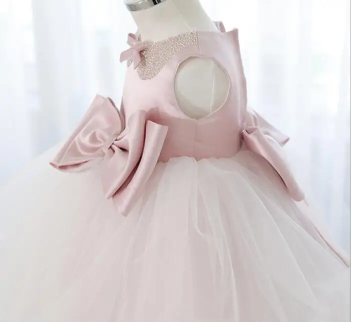 Newborn Pink Baby Girl Dresses Super Back Big Bow Bead Collar Baby Christening Gowns 1 year birthday dress vestido infantil