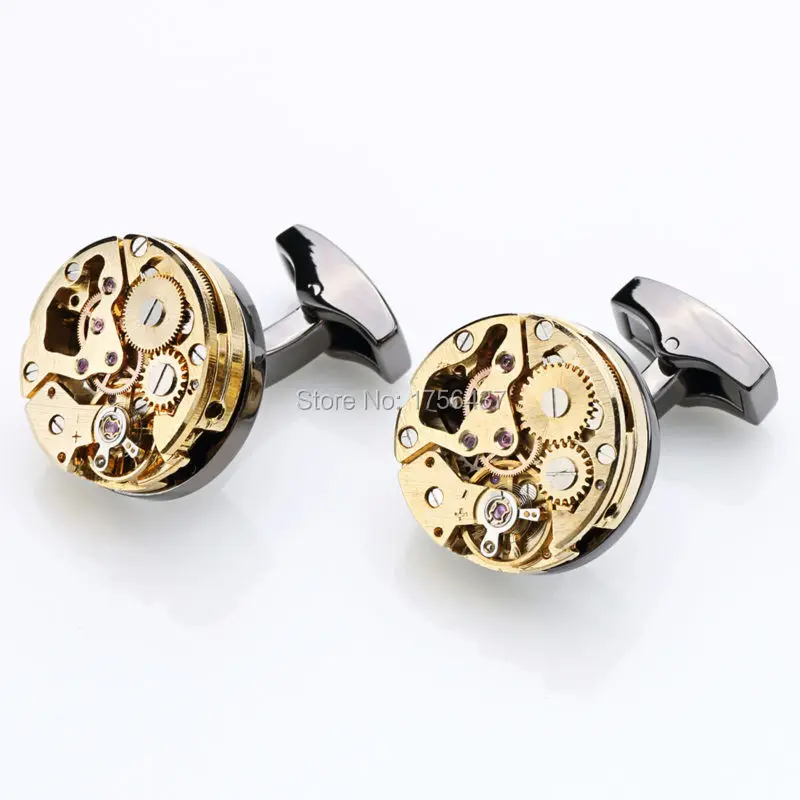Newest Non-functional Gold watch movement cufflinks high quality Mens Jewelry stainless steel cuff links Groom Relojes gemelos