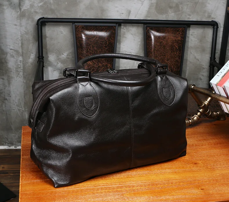 Fashion Genuine Leather men travel bag Carry on Luggage bag men Leather Duffel bag Overnight Weekend bag big Tote Handbag Black