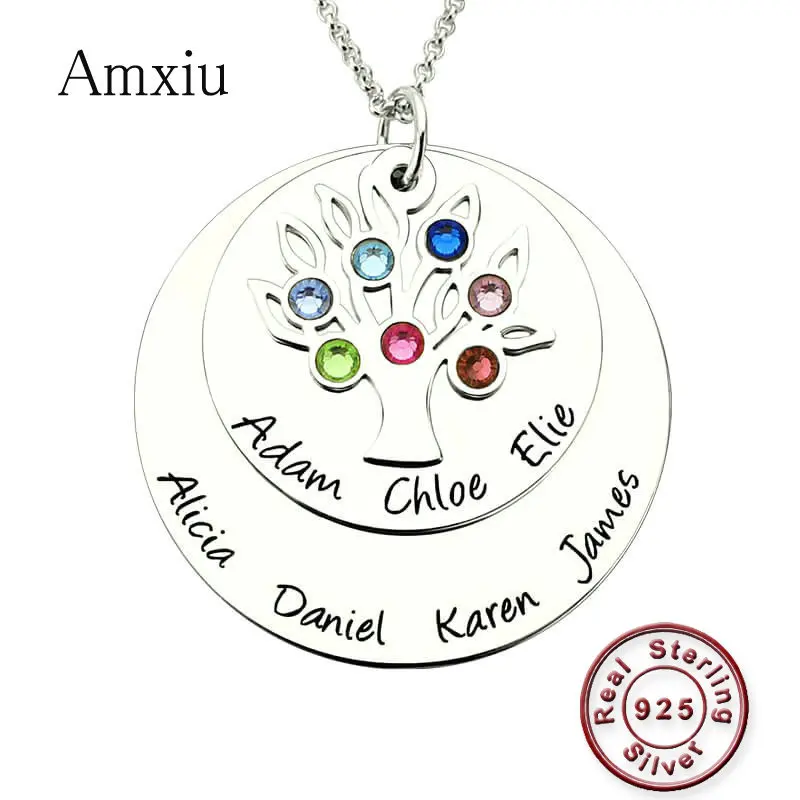 

Amxiu Customize Round 925 Silver Pendant Necklace Engrave 1-7 Names Necklace Team Family Tree Necklace For Mother Women's Gift