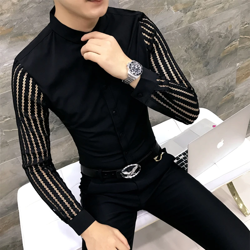 Chemise patchwork creuse en dentelle pour hommes, manches longues, noir, blanc, luxe, fête, promshirt, jupon, boîte de nuit, robe, smoking, nouveau,