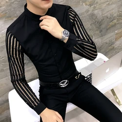 Camisa de renda oca patchwork masculina, anágua manga comprida, vestido boate, smoking luxuoso, festa promocional, preto e branco, novo, 2021