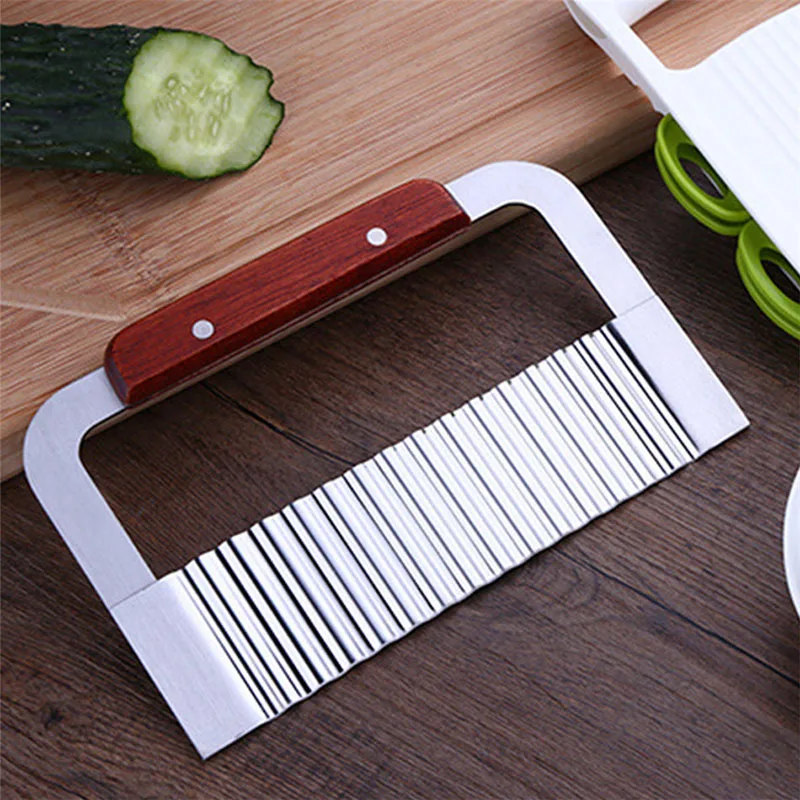 

New Wooden Handle Stainless Steel Wavy French Fries Knife Pastry Handmade Soap Cutting Device Potato Cutter Kitchen Accessories