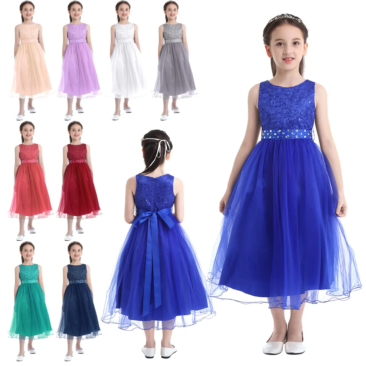 iEFiEL Elegant Sequined Kids Toddler Flower Girls Lace Dress Pageant Wedding Bridal Children Bridesmaid Princess Tulle Dress