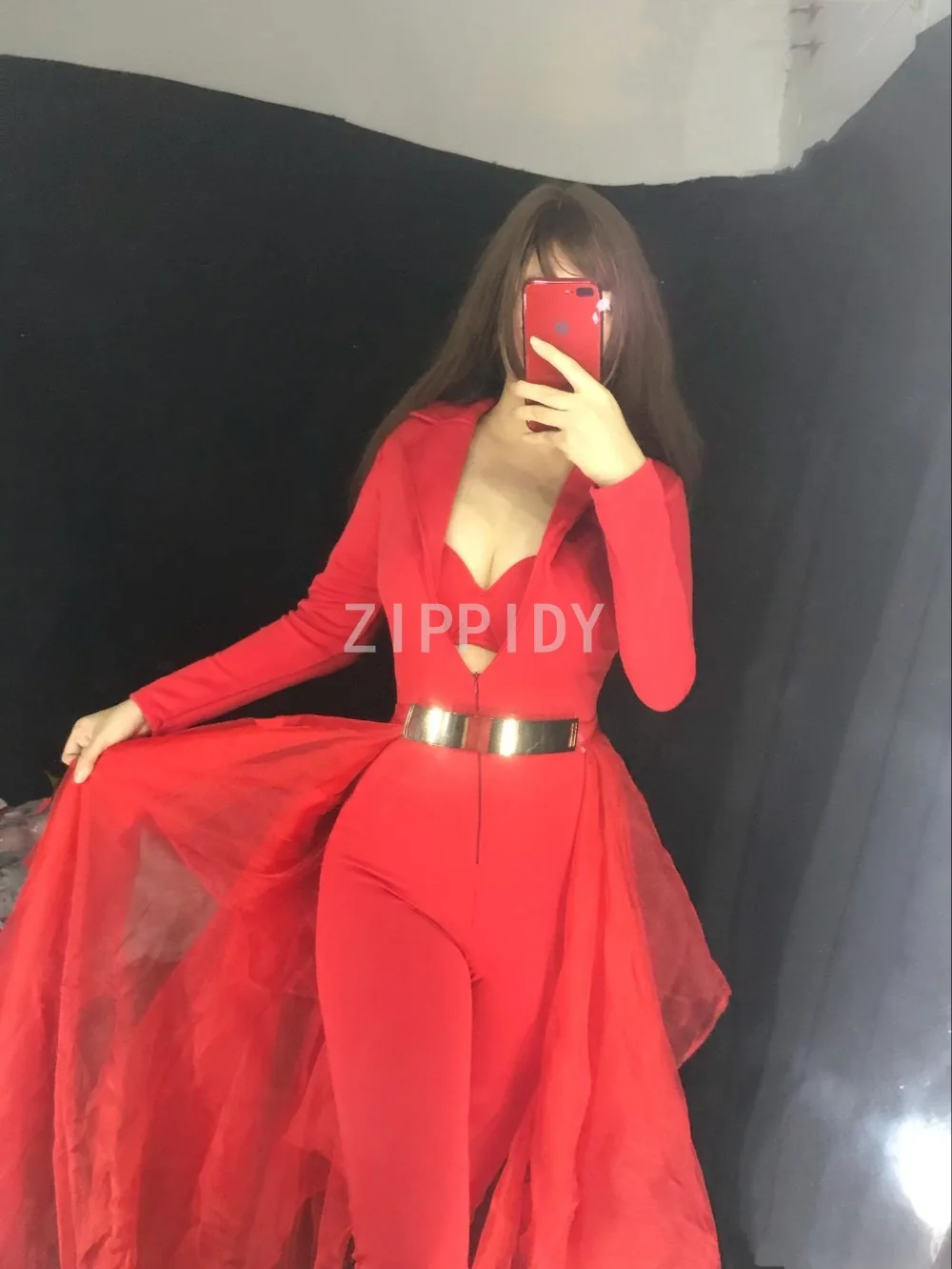 Maniche Lunghe di modo Delle Donne Rosse Di Compleanno Vestiti DS Danza Tuta Della Maglia Del Reggiseno Coda Vestito Cantante di Nightclub Stage Show Vestito