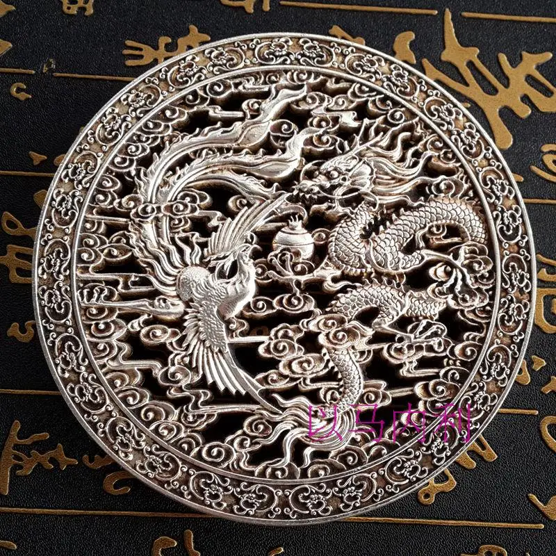 Exquisite China Collection Tibetan silver round-shape fengshui Dragon and phoenix luck Statue home decoration Plate metal crafts