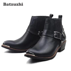 100% Cow Genuine Leather Boots Ankle Punk Combat Men's Dress Boots Western Cowboy Motorcycle Boots Metal Cap Buckle