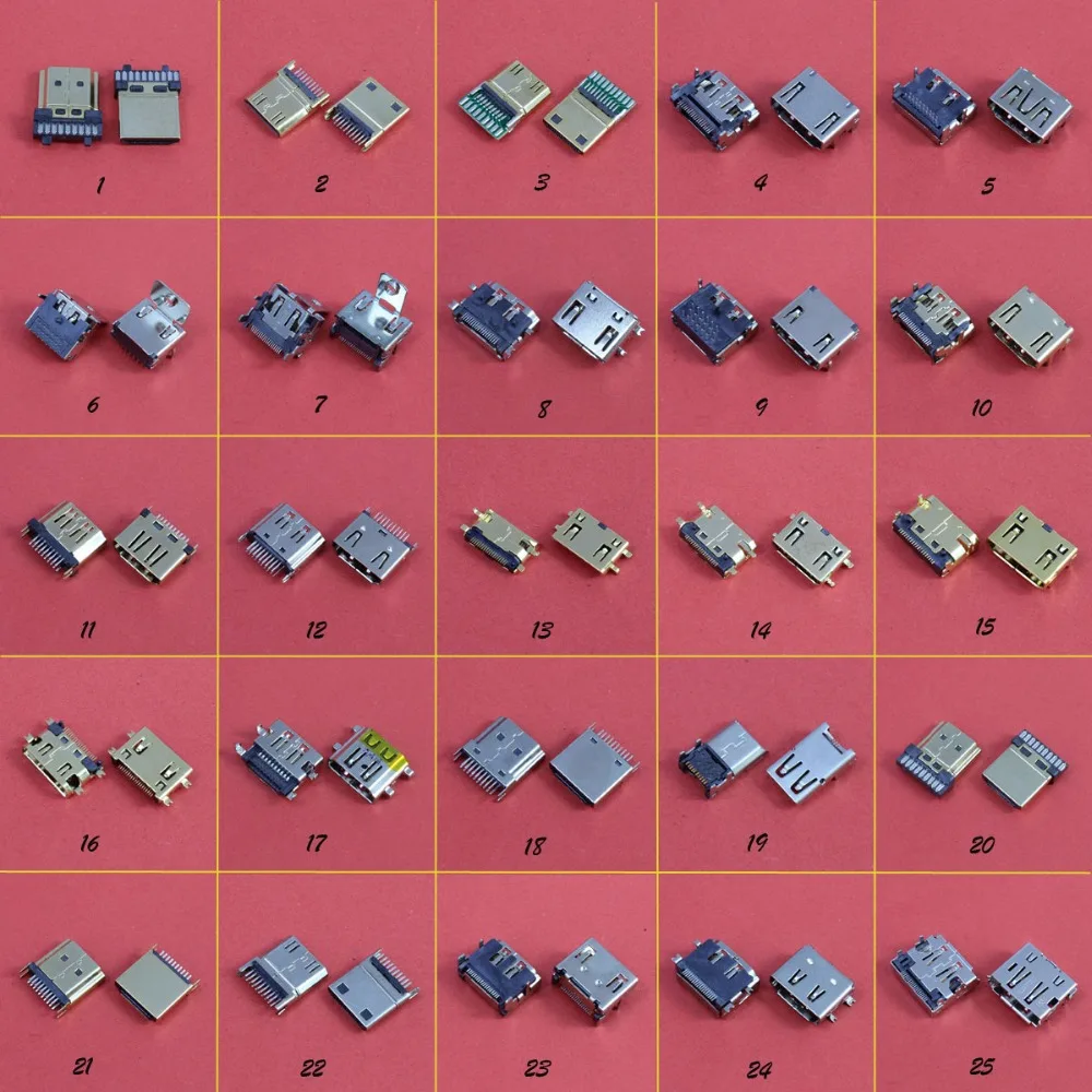Chengaoran – 25 modèles de prises HDMI mâle/connecteur, 19 broches, 180 degrés, HDMI Type B C femelle plaqué or