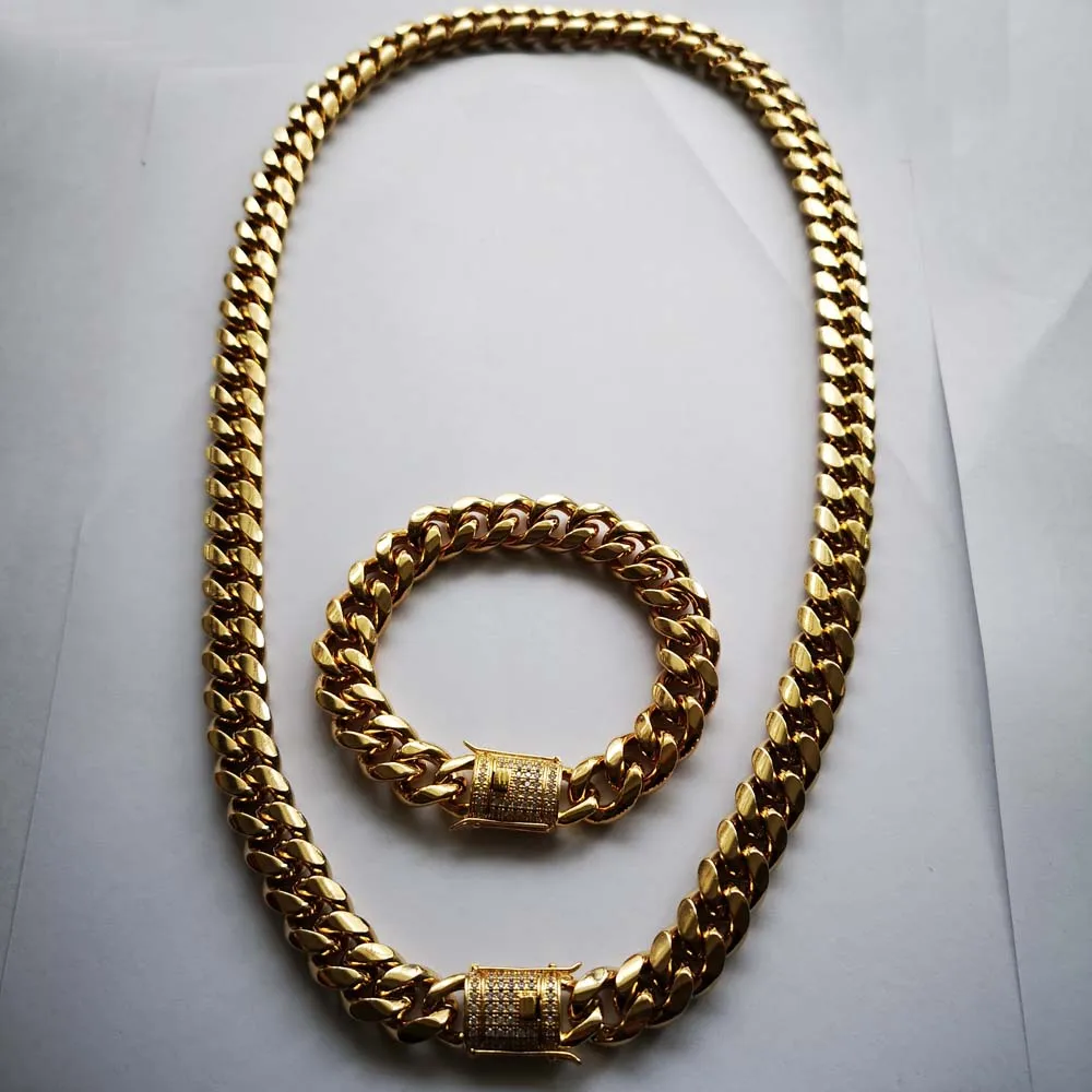 8/10/12/14mm Hip Hop Stainless Steel Men Miami Cuban Link Chain Necklace Bracelet Cubic Zirconia Clasps Rocker Jewelry Sets