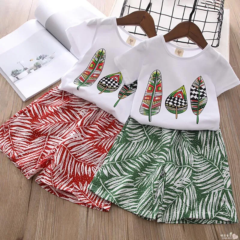 Summer Girls Clothes Sets Teenager Girl Short Sleeve Shirt Top+Shorts Suits Kids Clothing Printed Children\'s Clothes 2pcs 4-14T