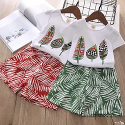 Summer Girls Clothes Sets Teenager Girl Short Sleeve Shirt Top+Shorts Suits Kids Clothing Printed Children's Clothes 2pcs 4-14T