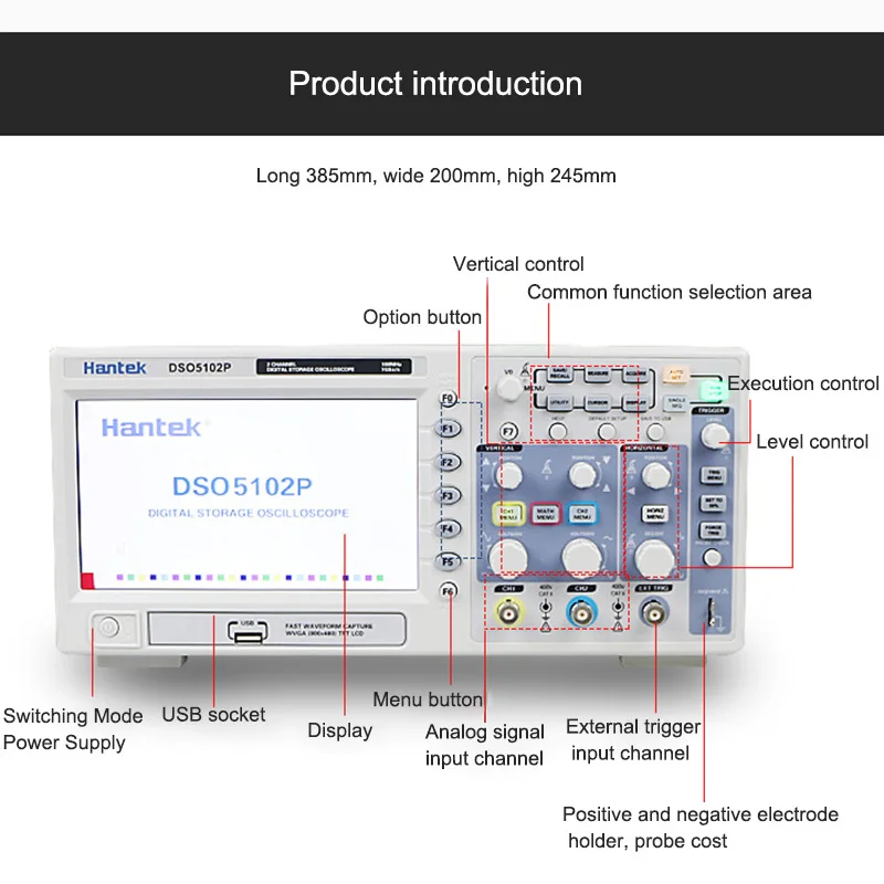 Spedizione ücretsiz Hantek DSO5102P راسم ذبذبات تخزين رقمي 100 ميجا هرتز 2 Canali 1GSa/s 7 بوصة TFT LCD