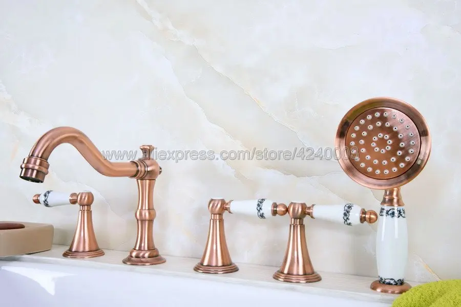 Antique Red Copper Widespread Tub Faucet Three Handles Brass Roman Tub Mixer Taps with Hand Shower Ktf214