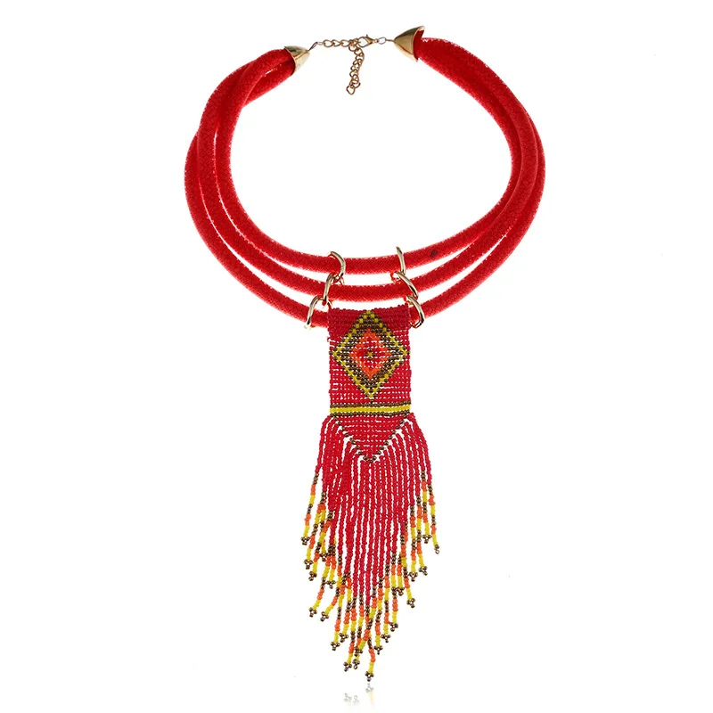 Women Boho Woven Beads Necklaces Jewelry Handmade Multilayer Bohemia Long Tassel Pendant Necklace Wholesale