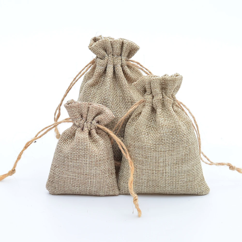 100pcs Mini Faux Jute Pouches with Drawstring 9.5x14.5cm Jute Burlap Gift Packaging Bag for Candy Coffee Bean Wedding Favor Bag