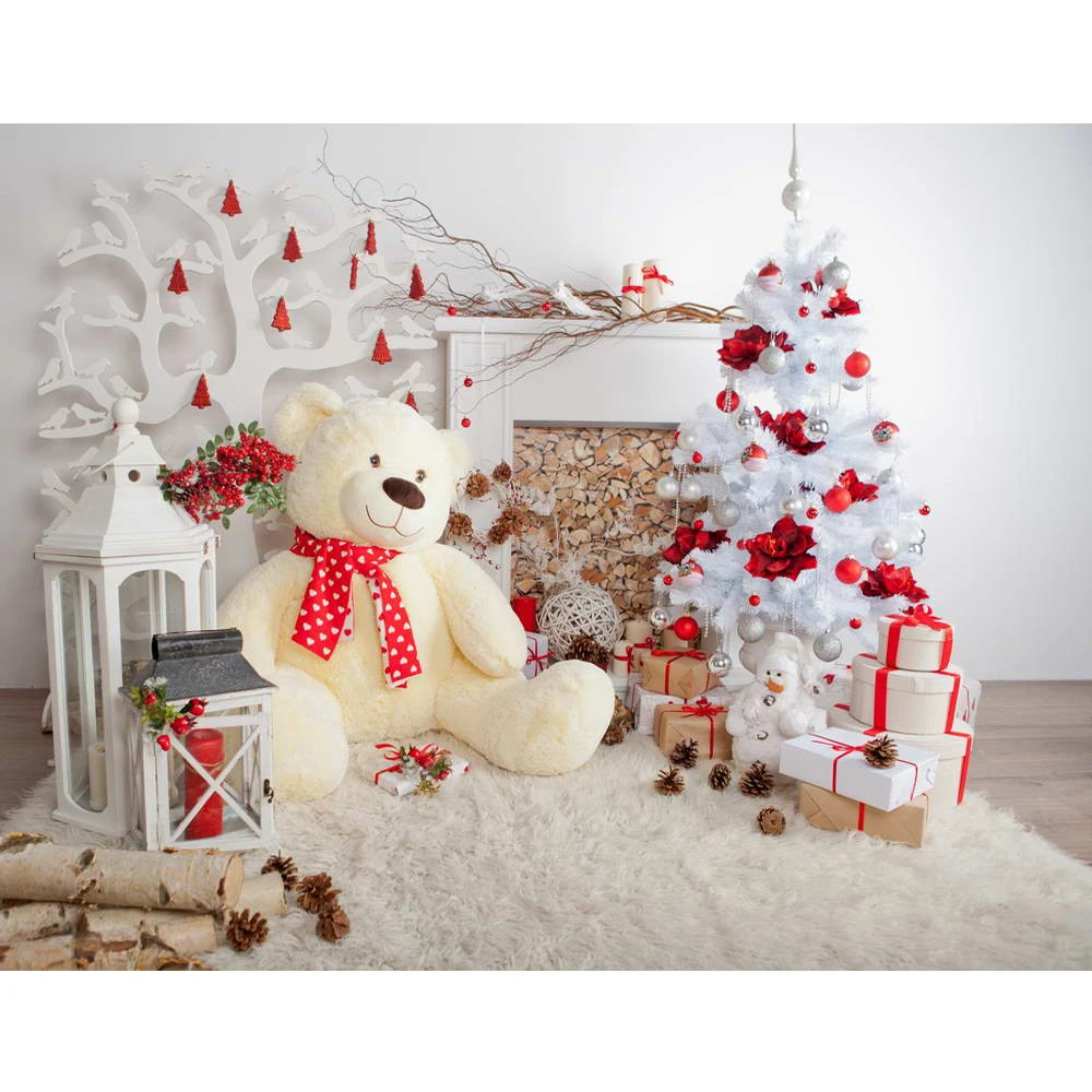 

Indoor Fireplace Xmas Party Photography Background Printed White Christmas Tree Present Boxes Toy Bear Baby Kids Photo Backdrops
