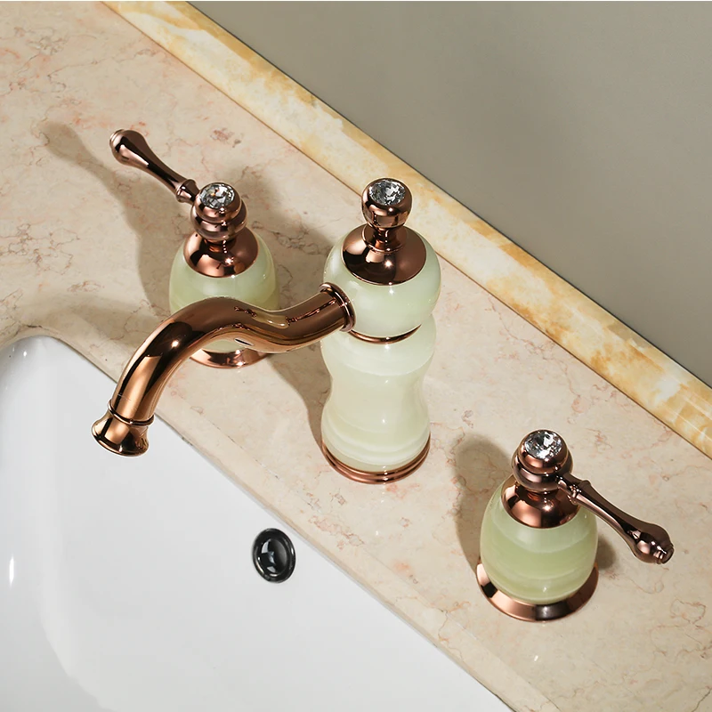 Luxury Rose Gold Brass Natural jade high Bathroom Sink Faucet  Art Basin Mixer Taps three holes Lavatory Faucet--SM539