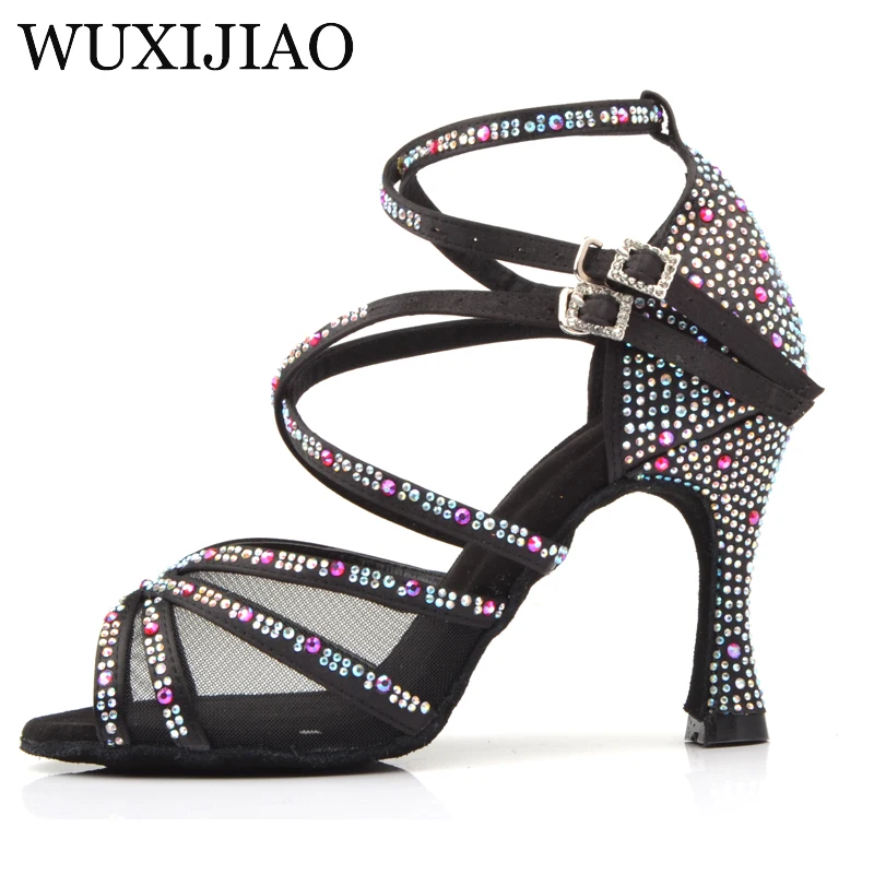 WUXIJIAO Ladies Latin dance shoes with black satin rhinestone style high heels salsa dancing shoes heel 9cm