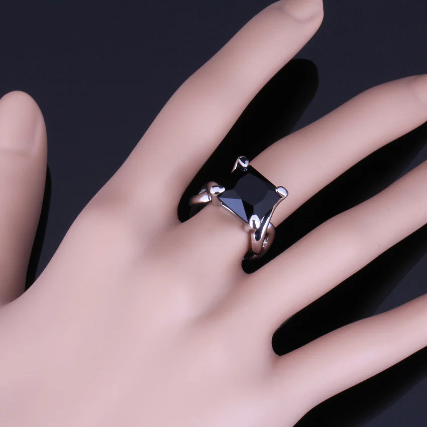 Outstanding Square Black Cubic Zirconia Silver Plated Ring V0070