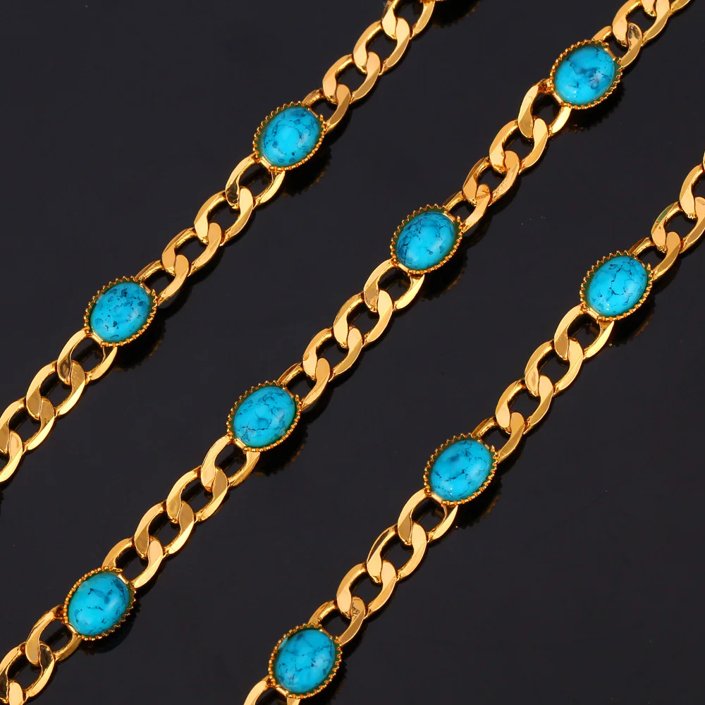 U7 Trendy Gold Color Oval Blue Turquoise Stone Women/Men Jewelry Wholesale 22 Inch Link Chain Necklace N388