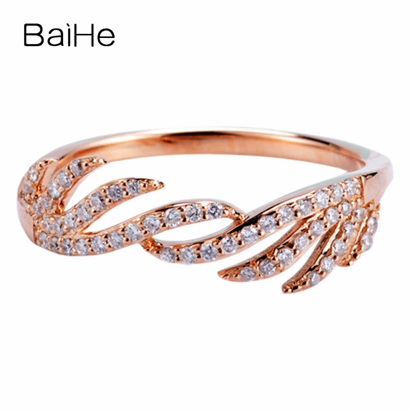 

BAIHE Solid 14K Rose Gold 0.16CT H/SI Natural Diamond Feather Ring Women Trendy Wedding Engagement Fine Jewelry Anel de Penas