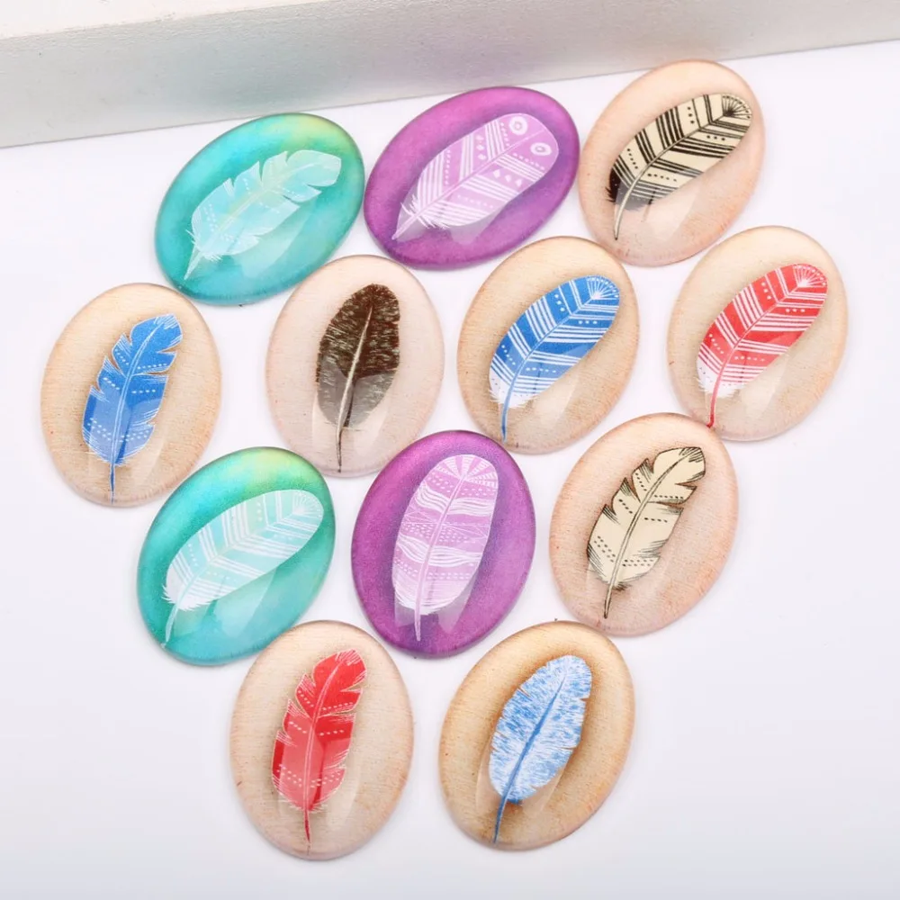 onwear 20pcs mix plume feather oval glass cabochons 18x25mm 30x40mm diy handmade jewely accessories for pendants earrings