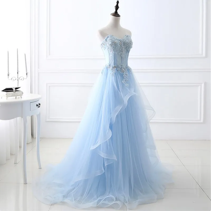 Customized Light Blue Long Evening Dresses Sweetheart Lace Appliques A Line Tulle Cheap Real Photo Vestidos De Noche In Stock