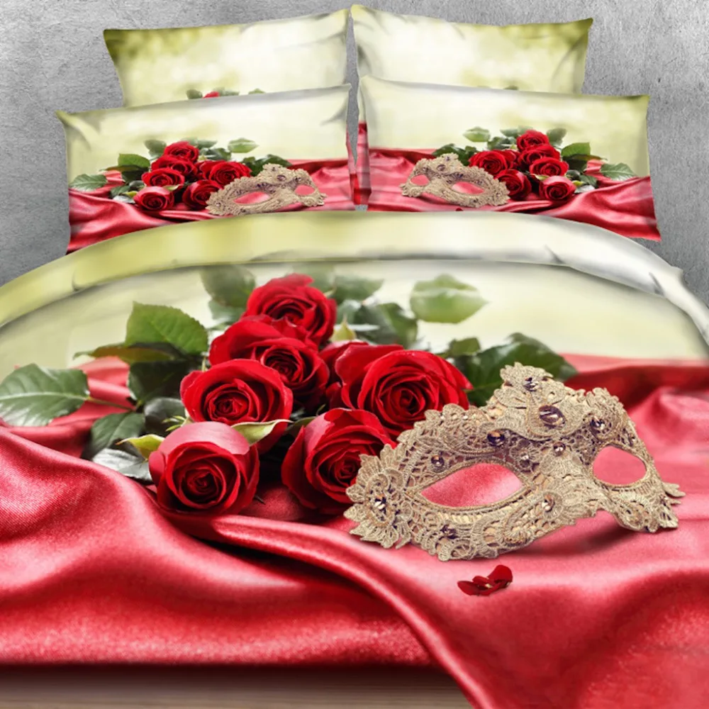 Royal Linen Source Brand 4PCS PER SET Sexy Masquerare Mask and Red Roses stunning 3d bed linen set 3d Bed Sheet Set