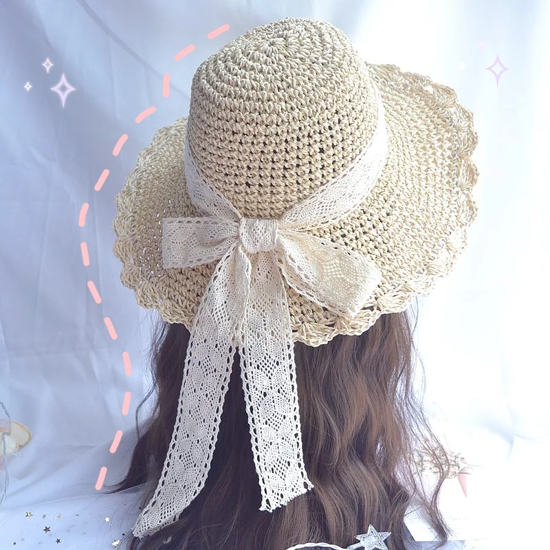 

Small fresh Japanese lace lace strap bow hat female summer travel big beach hat straw hat female summer